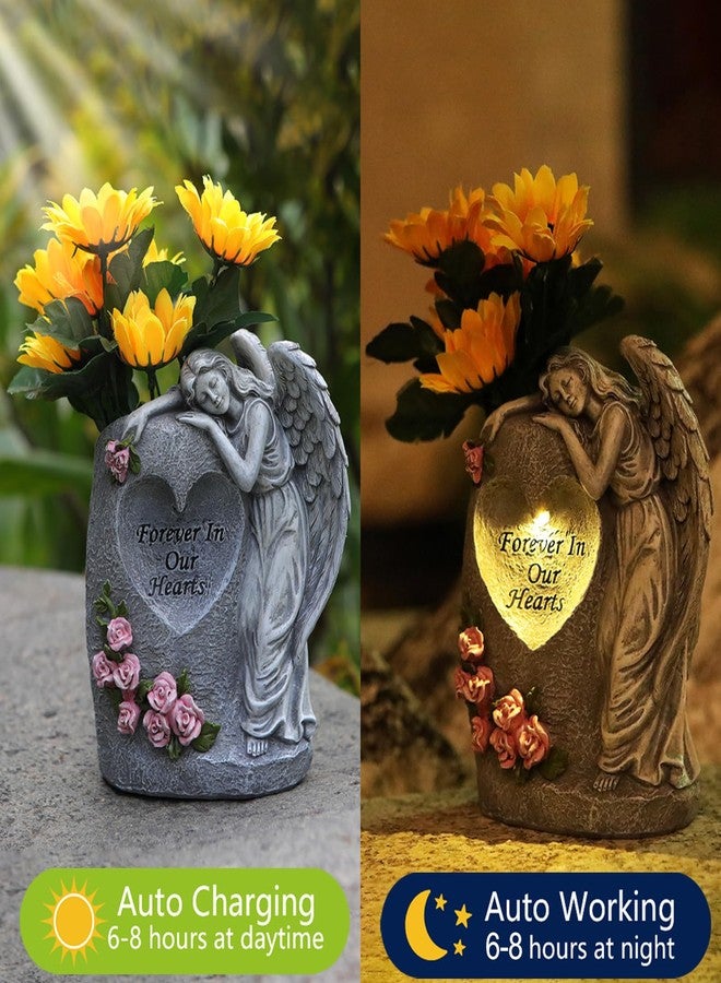 VEEKI Solar Cemetery Vases for Grave, Resin Angel Headstones Vases with Spikes for Fresh Artificial Flowers, Grave Markers for Cemetery Memorial Day Decor, Memorial Gifts for Loss of Loved One (Grey) - Image 3